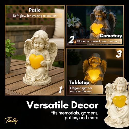 TIALLY Solar Angel Garden Statue with Heart, 12" Memorial Light Up Angel | Glowing Lighted Heart Bright Every Night, Weatherproof Resin Built to Last - a Sympathy Garden Gift for Women, Mom and Dad - size: Large