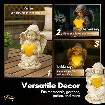 TIALLY Solar Angel Garden Statue with Heart, 12" Memorial Light Up Angel | Glowing Lighted Heart Bright Every Night, Weatherproof Resin Built to Last - a Sympathy Garden Gift for Women, Mom and Dad - size: Large