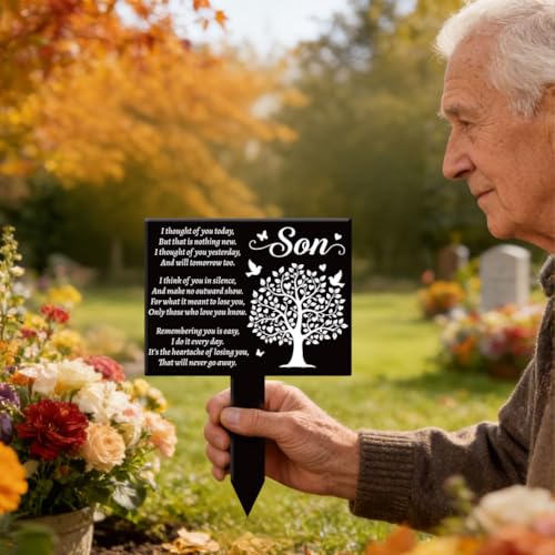 GLOBLELAND Rectangular Son Tree Garden Stake Tree Birds Memorial Remembrance Son Texts Plaque Acrylic Stake Heart Blessing "Think of You Every Day" Garden Plaque for Yard Grave Cemetery
