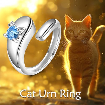 Sterling Silver Birthstone Urn Ring for Ashes Pets Dog Cat Keepsake Birthstone Memorial Cremation Jewelry for Women - style: Cat
