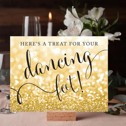 Andaz Press Wedding Party Signs, Glitzy Gold Glitter, 8.5x11-inch, Here's a Treat for Your Dancing Feet! Flip Flop Sandals High Heels Shoes Dance Floor Reception Sign, 1-Pack - color: Activities Dance Sandals