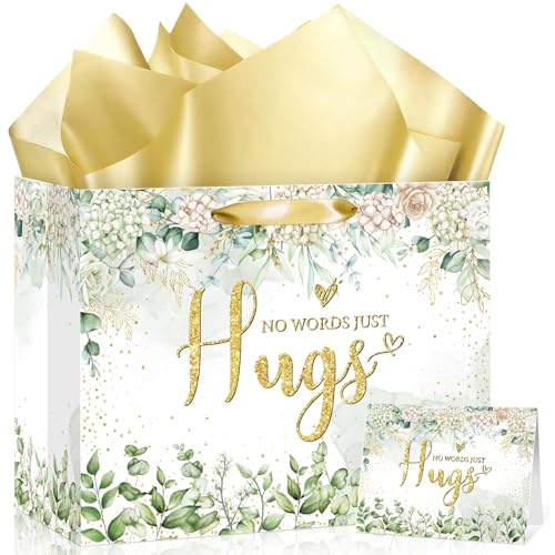 Sympathy Gift Bag for Loss of Loved One Sympathy Gifts Bag with Tissue Paper and Greeting Card Green Eucalyptus No Words Just Hugs Sage Green Gift Wrapping Bag Thinking of You Encouragement Bereavement Party Supplies - color: Sage Green