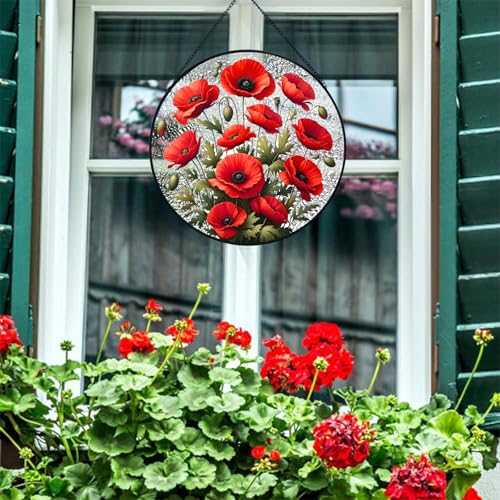 RIVEENY Poppy Hanging Stained Glass for Windows, Hand-Painted Sun Catcher Garden Hangings Christmas Mother's Day Valentine's Day Ornaments Festival Gift - color: Poppy