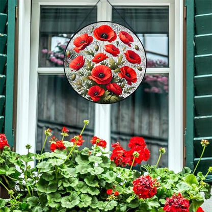 RIVEENY Poppy Hanging Stained Glass for Windows, Hand-Painted Sun Catcher Garden Hangings Christmas Mother's Day Valentine's Day Ornaments Festival Gift - color: Poppy