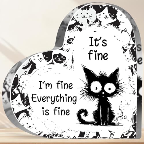 Cat Lover Gifts for Women Girls Cat Funny Office Acrylic Heart It’s Fun Everything Fun Gifts for Friends Coworkers Teacher Boss Desk Nursery Office Sign Plaque Paperweight - style: Everything is fine
