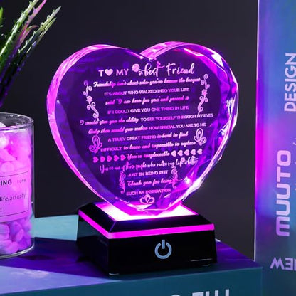 YWHL Birthday Gifts for Best Friend with Colorful LED Base Heart Crystal Friendship Gifts for Women Meaningful Bestie Gifts Mothers Day BFF Gift Idea for Her Female Friend - style: Best Friend Gifts+LED Style 1