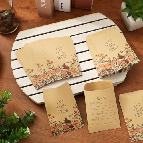 FYSUIMU 50Pcs Wildflower Seed Packets Let Love Grow Self-Adhesive Kraft Envelopes Rustic Floral Seed Storage Pockets for Garden Office Party Favors Supplies, 3.15 x 2.4 Inch