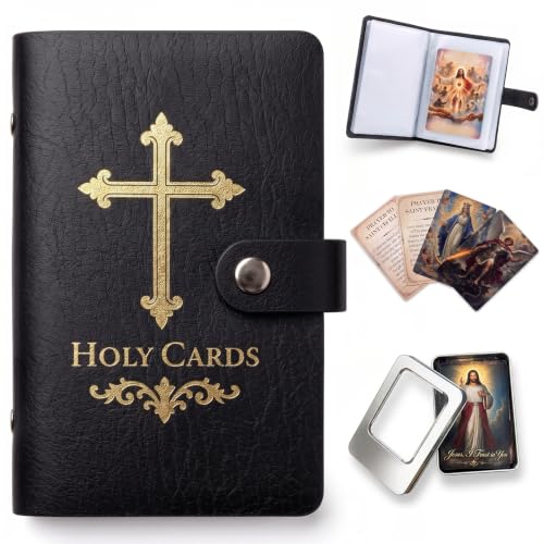 Catholic Faux Leather Holy Card Holder with 40 Prayer Cards & Box | 5.35 x 3.54 in, PU Leather Material, Gold Cross Design, Snap Closure, Pocket Size, for Religious Prayer Funeral Bible study - color: Black