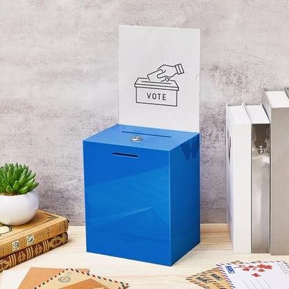 Acrylic Suggestion Box 8.2 x 6.7 x 5 Inch Large Donation Box Safe Ballot with Lock and Sign Holder for Voting Charity Business Cards Collection Display Ticket Comment(Blue) - color: Blue, size: 8.2 x 6.7 x 5 Inch