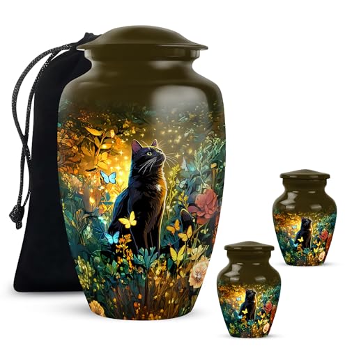 Yatskia Black Cat with Flowers Decorative Small Urns for Human Ashes Keepsake Adult Brother and Sister, Large Funeral Urn for Ashes Adult Dad, (Classic 10 Inch and 3 Inch) - color: #5 Cat, size: 10 Inch and 3 Inch (Pack of 3)