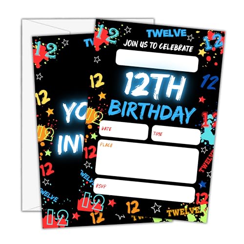 Birthday Invitations - Glow Neon 12th Bday Invites with Envelopes for Boys Girls(25-Count) - Digital Party Invite Cards for Party Supplies Favors Decorations-H05 - style: Neon 12th