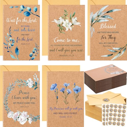 Motiskyy 50 Sets Religious Sympathy Cards with Envelopes and Stickers Assorted Watercolor Floral Greenery Kraft Condolence Bereavement Greeting Cards for Comfort During Loss and Grief