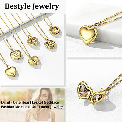 Bestyle Sterling Silver Heart Locket Necklace for Women, Dainty Cute Small Heart Locket Pendant in Gold/Rose Gold/Silver, Love Statement Jewelry Gift for Mother Wife - color: A0. Plain Bold Heart-Gold-Locket Only, NO Custom