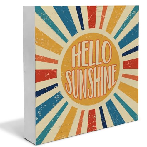 Hello Sunshine Summer Decor, Retro The Sun Summer Theme Wooden Box Sign Rustic Farmhouse Wood Block Plaque Box Sign for Home Tiered Tray Office Desk Decor(5 x 5 Inches) - color: HELLO