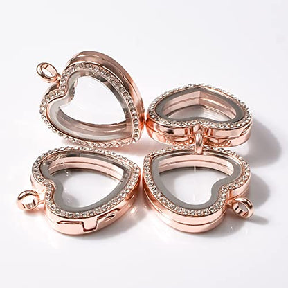 WANDIC Rhinestone Photo Charm, Rose Gold Heart Crystal Photo Pendant Bridal Wedding Bouquet Charms Living Floating Memory Locket for 2 Pictures - color: Rose Gold