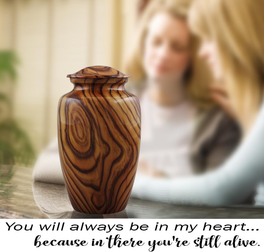 Walnut Grain Print Cremation Urn – Full Size Metal Urn with Teak Wood Finish – Adult Memorial Urn for Human Ashes up to 200 lbs – Funeral Urn for Men and Women with Velvet Bag (Large)