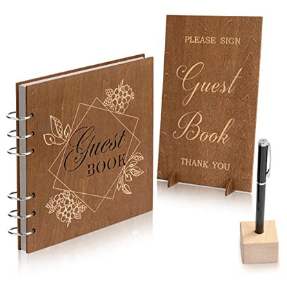 Creawoo Wooden Wedding Guest Book Reception Sign in Photo Album with Table Sign, Pen & Holder, Hardcover Memory Registry Guestbook with 90 White Pages for Baby Shower, Birthday, Bridal Shower, Wedding - size: 8.5"