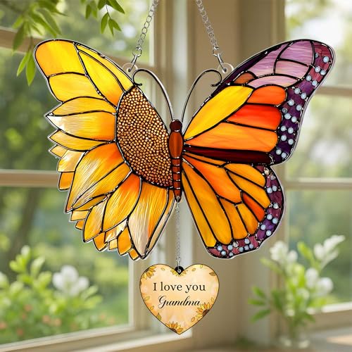 Butterfly Sunflower Acrylic Suncatcher with Card, I Love You Grandma Hanging with Heart Charm & Gift Card, Grandma Suncatcher, for Nana from Kids Grandkids - color: Grandma Butterfly Sunflower