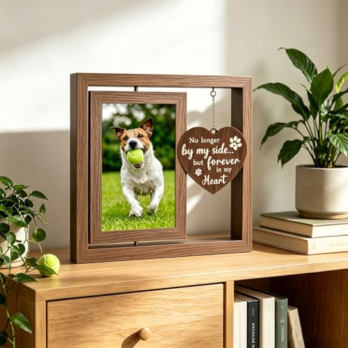 Dog Memorial Picture Frame 4x6 Rotating Wooden Photo Frame Pet Loss Sympathy Gift Bereavement Remembrance Keepsake with Paw Pendant for Dog Cat Lovers