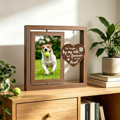 Dog Memorial Picture Frame 4x6 Rotating Wooden Photo Frame Pet Loss Sympathy Gift Bereavement Remembrance Keepsake with Paw Pendant for Dog Cat Lovers