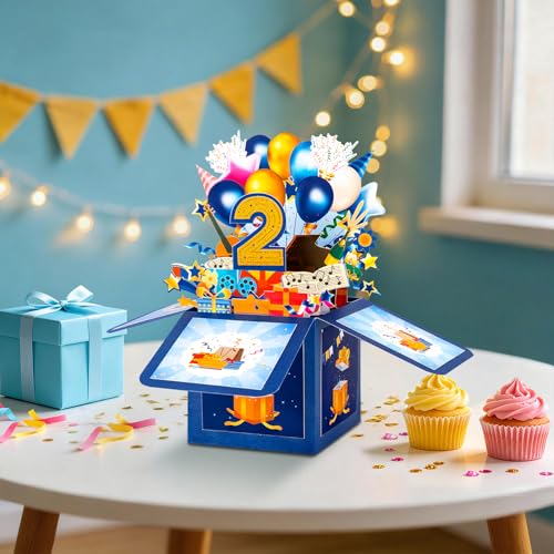 GREETING ART Happy 2nd Birthday Pop Up Card,Funny Guitar Ballons Box Themed - color: 2nd