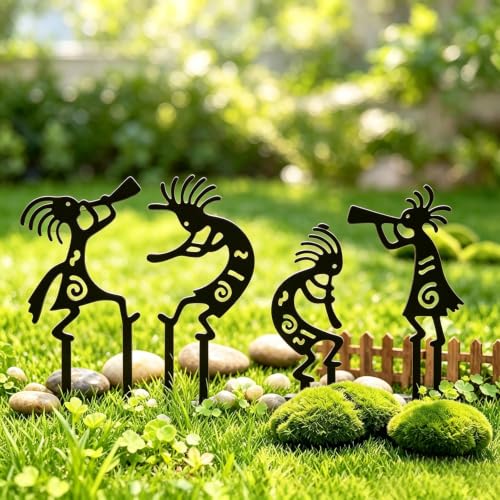 4 Piece Kokopelli Metal Garden Stakes-Southwestern Yard Art 9.8"x6" | Native American Inspired Rustic Outdoor Decor for Lawn,Patio,Garden Pathway,Fade-Resistant Ornaments for Thanksgiving Day - style: Kokopelli Stake