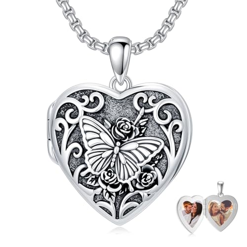 Personalized Heart Locket Necklace That Holds Pictures 925 Sterling Silver Custom Photo Lockets Necklaces Jewelry Gifts for Family Women Lover - color: Butterfly, style: Locket Only
