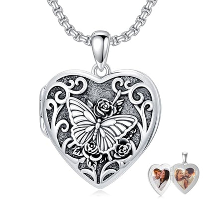 Personalized Heart Locket Necklace That Holds Pictures 925 Sterling Silver Custom Photo Lockets Necklaces Jewelry Gifts for Family Women Lover - color: Butterfly, style: Locket Only