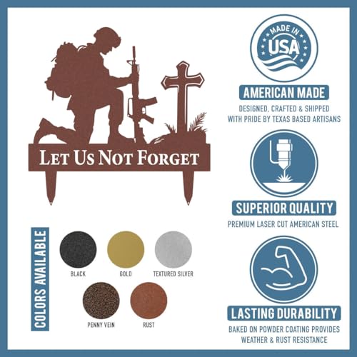 RealSteel Let Us Not Forget Fallen Soldier Kneeling at Cross Metal Garden Stake - Memorial Day Military Yard Sign - Handmade in Texas - American Steel - Powder Coated (RUST-24) - color: Rust