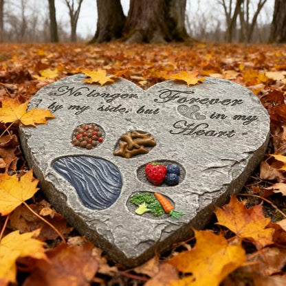 Heart Shaped Dog Memorial Garden Stone with Paw Print & Treats & Food - Sympathy Gift for Loss of Pet Outdoor Grave Marker Remembrance Dog Passing Away