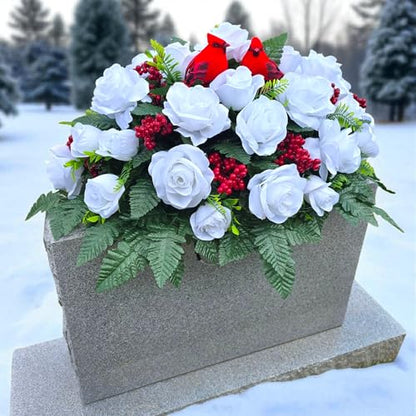 Christmas Memorial Saddle with White Roses, Red Berries, and Red Birds - Winter Memorial Flowers for Grave, Headstone, or Funeral Flowers