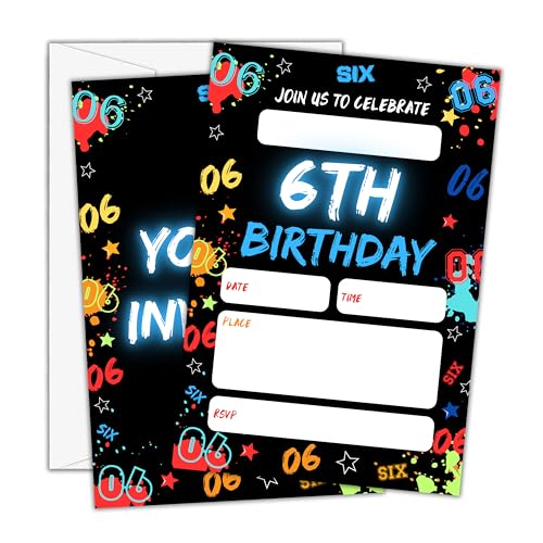 Birthday Invitations for Boys- Glow Neon 6th Bday Invites with Envelopes (25-Count) - Digital Number Party Invite Cards for Party Supplies Favors Decorations-H01 - style: Neon 6th
