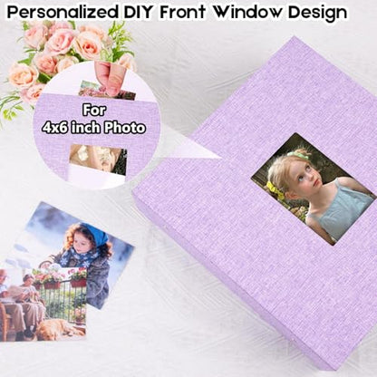 Aevdor Large Capacity 4x6 Photo Album, 1000 Photos, Linen Cover, Purple | Black Inner Pages, 3 Horizontal and 2 Vertical Pockets per Side, Front Photo Window, Family, Wedding & Travel Memories - color: Purple