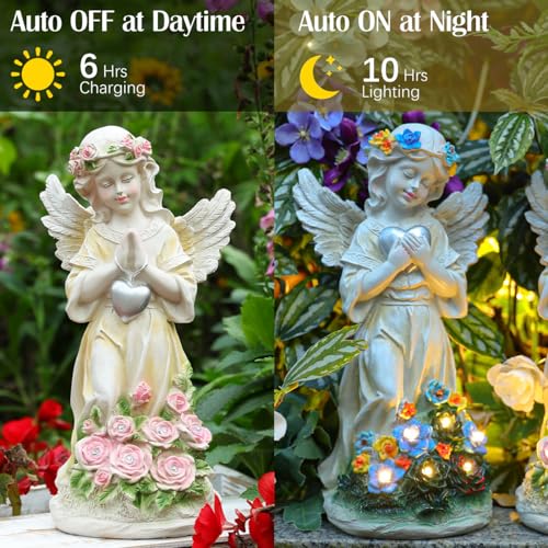 Angel Garden Statue 2Pcs,Love Heart Solar Decor with Warm Light | Waterproof Praying Angel Statue with Flowers,Outdoor Garden Decor Sculpture for Lawn Yard Patio Garden Present, Apricot - style: Heart Praying Angel