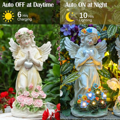 Angel Garden Statue 2Pcs,Love Heart Solar Decor with Warm Light | Waterproof Praying Angel Statue with Flowers,Outdoor Garden Decor Sculpture for Lawn Yard Patio Garden Present, Apricot - style: Heart Praying Angel