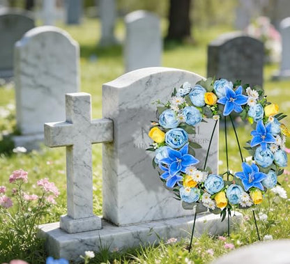 Artificial Cemetery Wreath for Grave, 24" Blue Memorial FWreath with 30" Easeal Stand, Peony Lily Rose Daisy for Gravesites Decoration