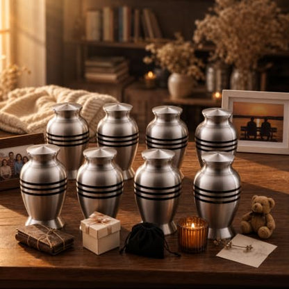 8 Pack Small Keepsake Urns Bulk for Human or Pet Ashes with 8 Velvet Bags Decorative Cremation Mini Funeral Urns Hard Metal for Adult Men Women About 2.9 Inches