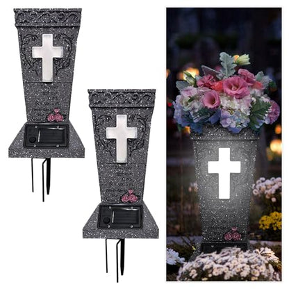 2 Pack Solar Cemetery Vase with LED Cross Lamp Flower Holder - color: White Light 2pcs