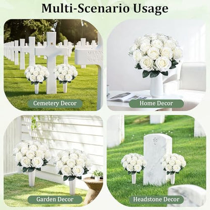 Lewondr Artificial Cemetery Flowers with Vase for Grave, White Rose, 2 Pack - color: White