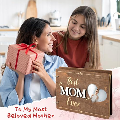 CY2SIDE Best Mom Ever Album Scrapbook - Mother’s Day Wooden Scrapbook Craft Kit, DIY Photo Memories Book with 30 Brown Pages Birthday Gift for Mother’s Day, DIY Handmade Scrapbook Gift for Mom Grandma - style: Best Mom Ever