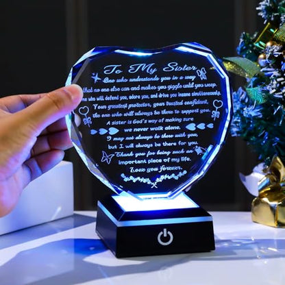 Arikyrist Sister Birthday Gifts from Sisters Brothers Crystal Heart Plaque | Adult Sister Gifts for Women, on Christmas Mothers Day Valentines Day, Sisters Keepsake, LED Light Base, Home Office - color: Sister