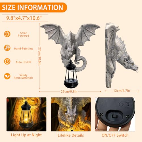 Solar Dragon Tree Hugger Garden Statue, Wall Hanger Dragon Figurine Decor | 9.8in Resin Dragon Decor with Solar Lights, Outdoor Waterproof for Tree Wall Fence Porch Yard, Gifts for Mom Women Birthday - style: 1 Pack - Dragon with Lantern