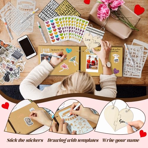 CY2SIDE Couple 1 Year Anniversary Scrapbook - 111PCS 1st Down Photo Wooden Album Scrapbook Craft Kit with Heart Puzzle Brown Paper Sticker Marker Template for DIY Anniversary Dating Gifts for Him Her - style: 1 Year Couple