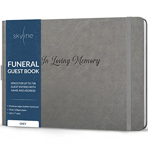 Skyline Funeral Guest Book, Sign In Name & Address, Hardcover Grey | 10”x7”, Elegant sign-in guestbook for memorial service & celebration of life with large signature space, Memory book - color: Gray, size: Smaller than A4 (10" x 7")