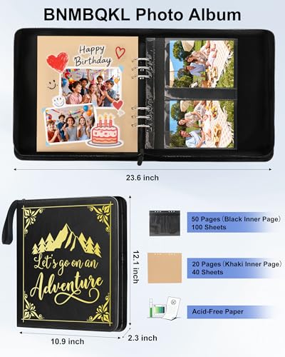 Adventure Leather Photo Album 4x6 200 Photos, DIY Scrapbook with 50 Sheets and 20 Blank Kraft Sheets, Travel Souvenir Diary Photo Book for Family Wedding Baby and Holiday Pictures - color: Black-text