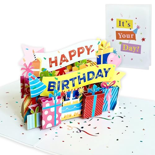 3D Pop Up Birthday Card, Colorful Happy Birthday Greeting Card with Gift Box & Party Banner Design, Unique 3D Birthday Card for Women, Men, Kids, Friends & Family - Ideal for Birthday Celebrations & Party Favors