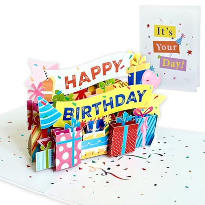 3D Pop Up Birthday Card, Colorful Happy Birthday Greeting Card with Gift Box & Party Banner Design, Unique 3D Birthday Card for Women, Men, Kids, Friends & Family - Ideal for Birthday Celebrations & Party Favors