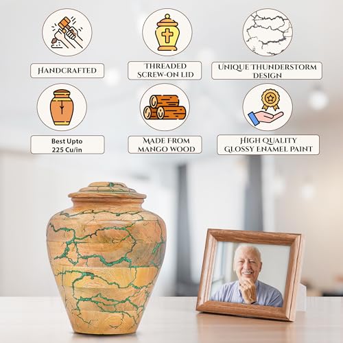 Wooden Cremation Urn for Adult Human Ashes – Handmade Mango Wood Funeral Urn with Green Epoxy Inlay – Large 225 Cu in Memorial Burial Urn Box with Velvet Bag (225 lbs) - size: Large (225 lbs)