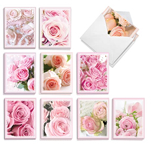 The Best Card Company - 20 Assorted Blank Note Cards Boxed Set 4 x 5.12 Inch with Envelopes (10 Designs, 2 Each) - Pink Roses AM10311OCB-B2x10