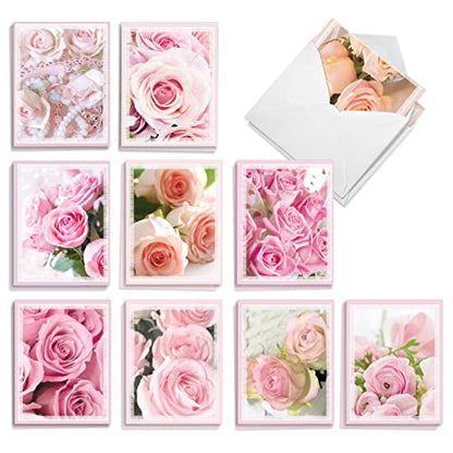 The Best Card Company - 20 Assorted Blank Note Cards Boxed Set 4 x 5.12 Inch with Envelopes (10 Designs, 2 Each) - Pink Roses AM10311OCB-B2x10